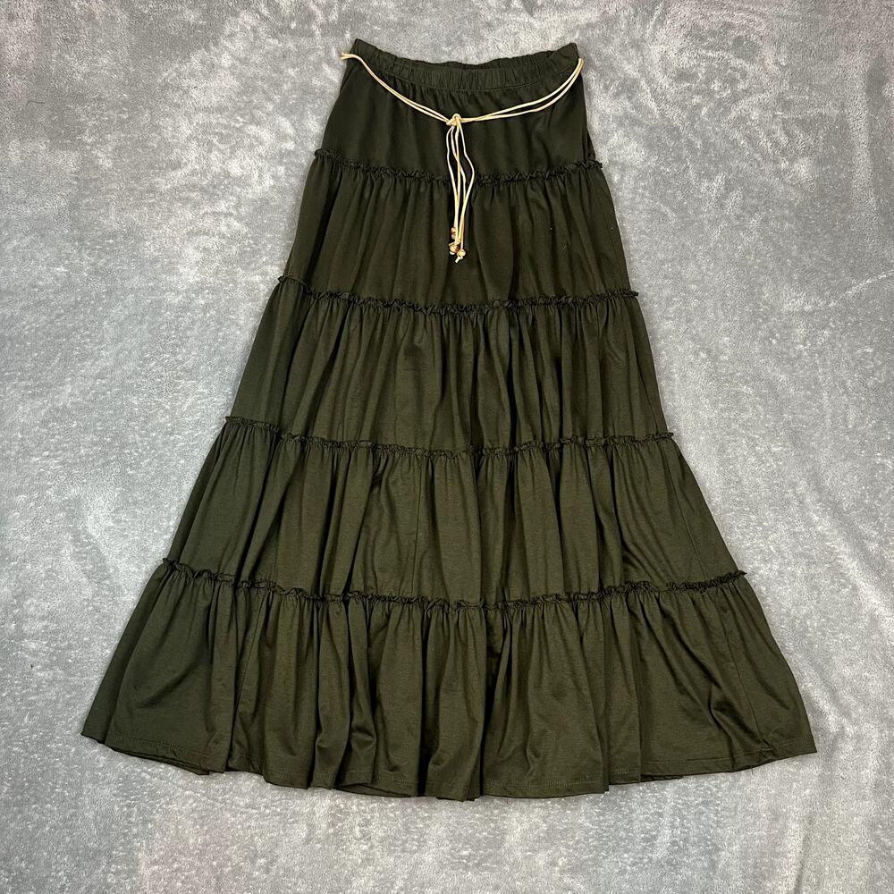 XXI Tiered Maxi Skirt Womens XS Army Green Beaded Bohemian Gypsy Cottagecore